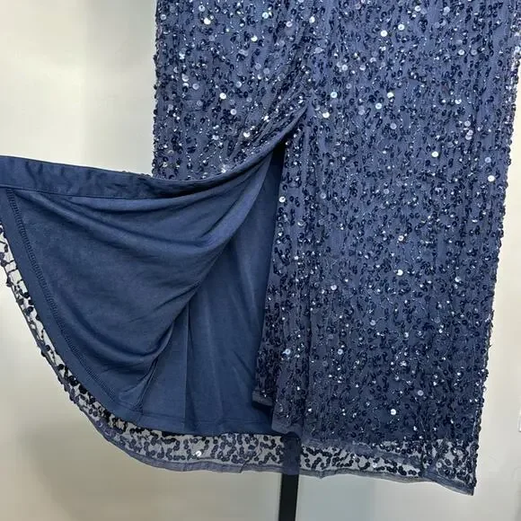 NWT MAC DUGGAL 10802 Navy Fully Sequined Ruffle Tiered 3/4 Sleeve Midi Dress - Picture 9 of 14